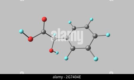 Mandelsäure ist eine aromatische Alpha-Hydroxy-Säure. Es ist ein weißer kristalliner Feststoff, der in Wasser und polaren organischen Lösungsmitteln löslich ist. 3d-Illustration Stockfoto