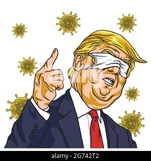 Donald Trump trägt Corona Virus Maske auf Gesicht Blinded Eyes Cartoon Vektorzeichnung. 12. März 2020 Stock Vektor