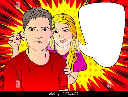 Frau zieht an den Ohren ihres Freundes. Spaß oder Strafe Konzept. Kaukasischer lustiger Mann mit Gesichtsausdruck. Vektorgrafik im Comic-Stil. Stock Vektor