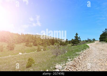 Feldsteinstraße durch das Jalta-Bergreservat. Ay-Petri Yayla und ein Berg mit weißen Kuppeln auf der Spitze. Stockfoto