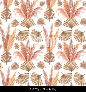 Muster mit tropischen Blättern und Pampagras auf weißem, isoliertem Hintergrund. Aquarelldarstellung Stockfoto