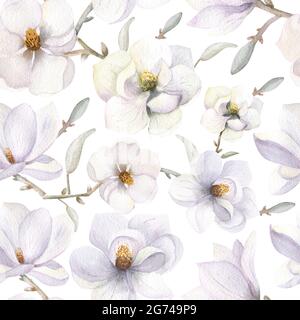 Nahtlose Muster mit Magnolienblüten im Boho-Stil auf weißem, isoliertem Hintergrund. Aquarelldarstellung Stockfoto
