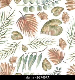 Nahtlose Muster mit tropischen Blättern im Boho-Stil auf weißem, isoliertem Hintergrund. Aquarelldarstellung Stockfoto