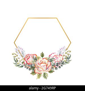 Goldener geometrischer Rahmen mit einem Bouquet aus weißen Rosen mit Blättern, dekorativen Zweigen und Beeren. Aquarell-Illustration für Logos, Einladungen Stockfoto