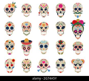 Tag der toten Schädel. Dia de los muertos traditionelle mexikanische Zucker menschlichen Kopf Knochen Vektor-Symbole gesetzt. Tottagsschädel mit Blumenschmuck Stock Vektor