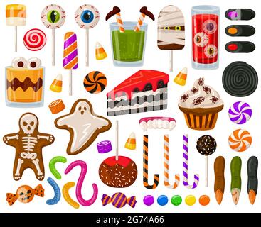 Cartoon halloween Süßigkeiten. Halloween gruselige Süßigkeiten, Schokolade Süßigkeiten und gruselige Lutscher Vektor-Illustration-Set. Trick or Treat Süßigkeiten und Snacks Stock Vektor