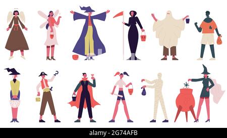Menschen in Halloween-Kostümen. Happy halloween Trick oder Behandlung gruseligen Zeichen Vektor Illustration Set. Halloween-Party mit ausgefallenen Kleidern Stock Vektor