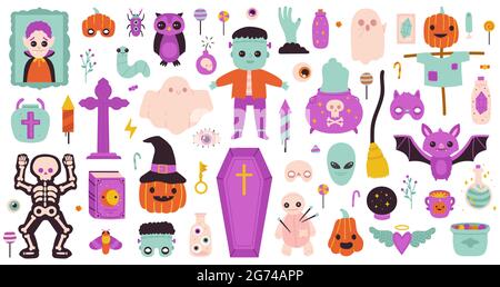 Gruselige halloween-Symbole. Happy Halloween Geist, Kürbis, Trank und Süßigkeiten für halloween-Party isoliert Vektor-Symbole gesetzt. Niedliche halloween-Objekte Stock Vektor
