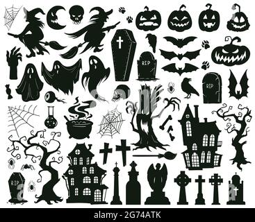 Halloween gruselige Elemente. Cartoon halloween gruselige böse Silhouetten, Hexen, Monster und gruselige Geist Vektor Illustration Set. Frohe halloween Stock Vektor