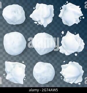Realistische Schneespritzen. Winter Kinder Spiele Schneebälle, Weihnachten Urlaub Spaß, Schneekampf Splatten isoliert Vektor Illustration Set. Snow 3d-Splatten Stock Vektor