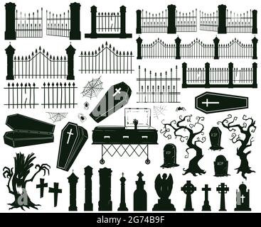 Halloween graveyard silhouettes. Creepy gravestones, tombstones and scary fences vector illustration set. Halloween graveyard spooky silhouettes Stock Vektor