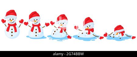 Cartoon geschmolzener Schneemann. Schneemänner schmelzen Stadien, Winter lustig schmilzt Schneemann Cartoon Vektor Illustration Set. Weihnachten schmelzender Schneemann Stock Vektor
