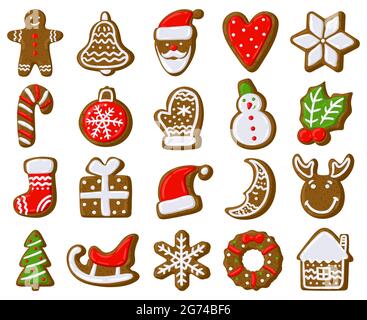 Weihnachts-Lebkuchenkekse. Urlaub behandeln Kekse, Lebkuchen Mann, Weihnachten Tannenbaum und Geschenk-Box Vektor Illustration Set. Lebkuchen für den Urlaub Stock Vektor
