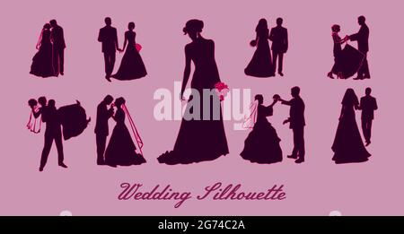 Hochzeitssilhouetten, Silhouetten eines Bräutigams und einer Braut. Stock Vektor