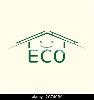Vector Icon ECO Home mit Dach- und Solarzelleneinstellung, niedliches, freundliches grafisches Gesicht, monotone Farbe, Symbol mit Typ. Das Konzept für ECO Home. Stock Vektor