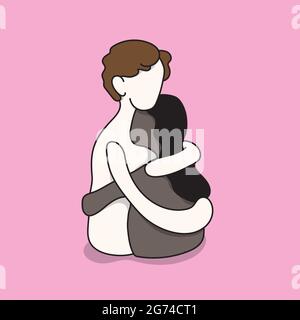 Vektor Doodle Cartoon paar umarmen. Liebhaber vielfältiges Konzept. Weißer Mann und schwarze Frau verliebt, und teilen ihre Intimität. Paar Umarmungen Vektor illustraa Stock Vektor