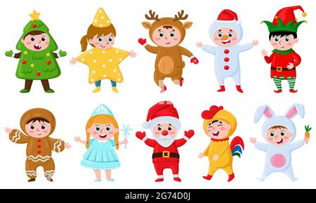 Kinder in Weihnachtskostümen. Cartoon Kinder tragen lustige Karnevalskostüme, Little santa, Rentier und Elf Vektor Illustration Set. Weihnachtskostüm Stock Vektor