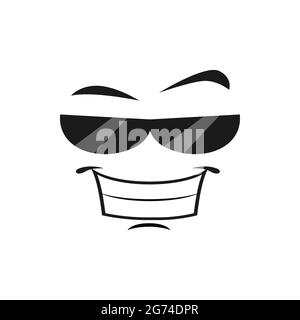 Lächelndes Emoticon-Gesicht in Sonnenbrillen isoliert Emoji-Symbol. Vektor stilvolles Gesicht in modernen schwarzen Gläsern, Emoji verwendet, um Sinn für cool zu bezeichnen. Lachende che Stock Vektor