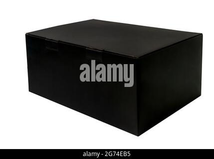 Hardpaper Black Box, alle Teile schwarz. Leerraum auf dem Feld für Text, Design oder Branding. Schwarze Box in Fettform. Stockfoto