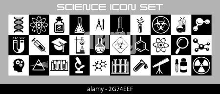 Schwarz-weißes Wissenschaftssymbol auf dem Schachbretthintergrund Stock Vektor