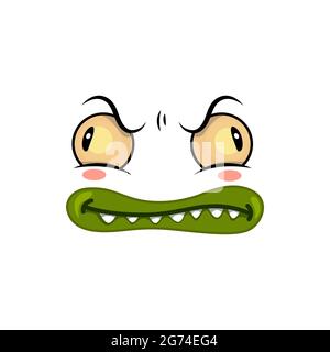 Monster Face Cartoon Vektor-Symbol, lustige Halloween-Emotion mit gruseligen schrägen Augen und toothy Mund mit grünen Lippen. Ghost, Alien oder Hölle Geschöpf em Stock Vektor