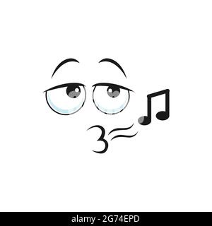 Singende Charakter Emoticon mit küssenden Lippen, Sänger Gesichtsausdruck mit Note Melodie Zeichen isoliert Symbol. Vector Sänger Gesichtsausdruck mit Musik s Stock Vektor