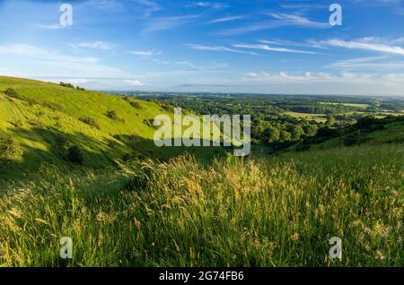 Wunderschöne Sommeraussichten im Juli von den Devils Kneting Trough, Wye Downs in der Nähe von Ashford in Kent, Südostengland Stockfoto