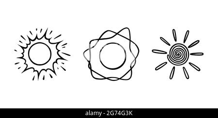 Handgezeichnete Sonnen-Set. Sonnen leuchten mit Balken im Doodle-Stil. Schwarz-Weiß-Skizzenvektordarstellung isoliert auf weißem Hintergrund Stock Vektor