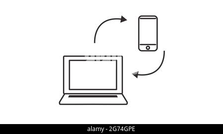 Synchronisationsvektorsymbol zwischen Geräten. Vektor isolierte Illustration eines Laptops und eines Smartphones synchronisieren Stock Vektor