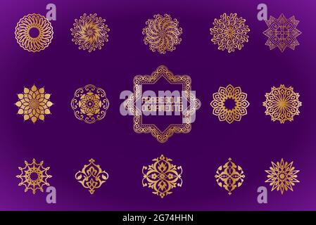 Arabesque Ornament-Design in Gold-Farbverlauf auf violettem Hintergrund gesetzt Stock Vektor