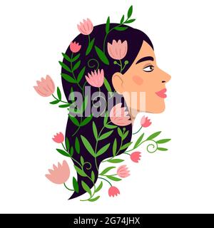 Einfallsreiche Frau mit positiver Harmonie psychische Gesundheit. Weibliches Vektorportrait mit blühenden Blumen im Haar. Psychotherapie oder Psychologie Konzept. Stock Vektor