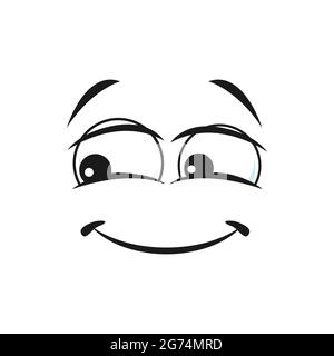 Fröhlich Comic verlegen Smiley mit breiten dünnen Lächeln isoliert Ikone. Vektor glücklich zuversichtlich Emoticon mit großen Augen, freundlich glücklich Emoji. Gutherzig f Stock Vektor