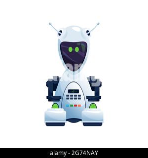 Mechanischer Droid aus weißem Kunststoff mit Knöpfen am Körper und großem Display im Gesicht isoliert. Vector Zukunft Roboter android, Raum intelligente Cyber-Maschine, Stock Vektor