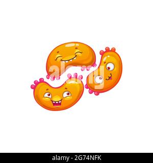 Cartoon-Virus-Zell-Vektor-Symbol, niedliche dreifache Bakterien mit glücklichen Gesichtern, lustige Keim-Charakter. Lächelnder Erreger Mikrobe Maskottchen oder Emoticon, isoliertes Mikro Stock Vektor