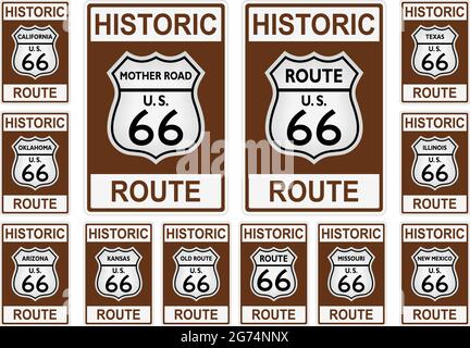 Route 66 Verkehrsschild, mit Historic Route Text, aus den Vereinigten Staaten von Amerika mit allen verwandten Staaten in historischem Design auf isoliertem weißem Hintergrund. Stock Vektor