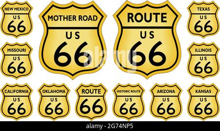 Route 66 Verkehrsschild aus den Vereinigten Staaten von Amerika mit allen verwandten Staaten in gelber Ausführung auf isoliertem weißem Hintergrund als Vektor. Stock Vektor