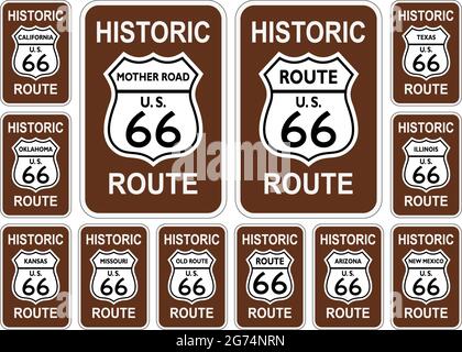 Route 66 Verkehrsschild aus den Vereinigten Staaten von Amerika mit allen verwandten Staaten im historischen Design auf isoliertem weißem Hintergrund als Vektor Stock Vektor