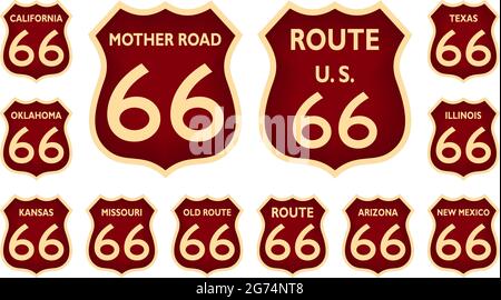 Route 66 Verkehrsschild aus den Vereinigten Staaten von Amerika mit allen verwandten Staaten in rotem Design auf isoliertem weißem Hintergrund als Vektor Stock Vektor