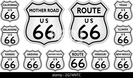 Route 66 Verkehrsschild aus den Vereinigten Staaten von Amerika mit allen verwandten Staaten auf isoliertem weißem Hintergrund als Vektor Stock Vektor