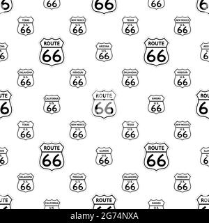 Nahtlose Route 66 Verkehrszeichen Symbole in schwarz und weiß aus den Vereinigten Staaten von Amerika mit allen verwandten Staaten. Stock Vektor