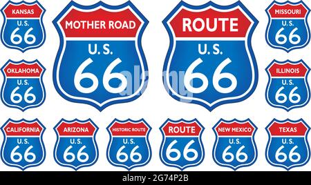 Route 66 Verkehrsschild aus den Vereinigten Staaten von Amerika mit allen verwandten Staaten in rot-blauem Design auf isoliertem weißem Hintergrund als Vektor. Stock Vektor