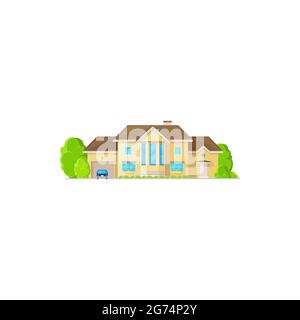 Modernes gemütliches Haus mit Kamin, geparktes Auto in der Nähe der Garage, grüne Bäume im Garten isoliert. Vector Familienhaus, Holzfassade zweistöckiges Gebäude. Townhous Stock Vektor