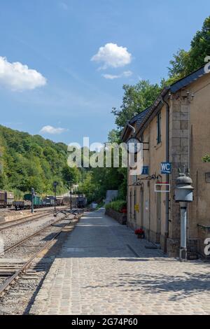 Europa, Luxemburg, in der Nähe von Differdange, Bahnhof Fond-de-Gras, Teil des Industriemuseums im Minet Park Stockfoto