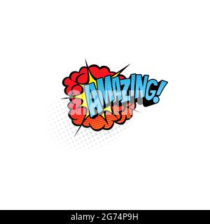 Erstaunliche Comics Blase isoliert Vektor-Symbol. Cartoon Pop Art retro Sound Wolke Explosion mit Halbtonmuster und Typografie, Ausrufeausdruck Boom b Stock Vektor