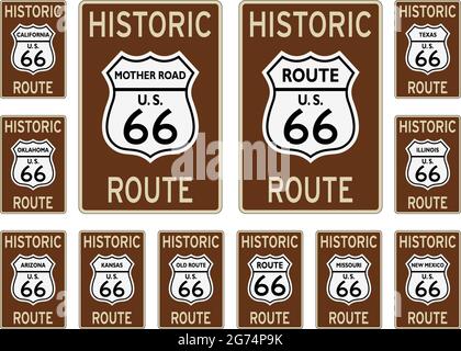 Route 66 Verkehrsschild aus den Vereinigten Staaten von Amerika mit allen verwandten Staaten in historischem Design auf isoliertem weißem Hintergrund als Vektor. Stock Vektor