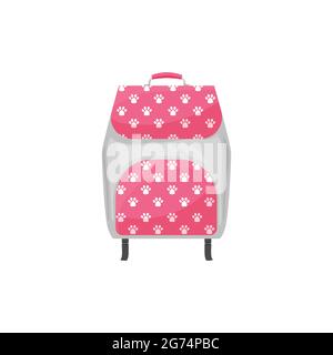 Kinder Rucksack isoliert Vektor-Symbol, niedliche Schultasche mit Hund oder Katze Pfote Prints. Cartoon Rucksack, rosa Baby Rucksack für Studenten Mädchen auf weißem Rücken Stock Vektor