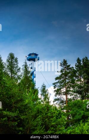 Hoher Feuerwachturm im Wald. Foto, das an einem bewölkten Tag mit natürlichem Licht aufgenommen wurde. Stockfoto