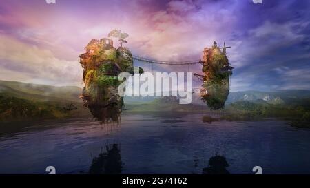 Fantastische Seenlandschaft mit bewohnten Fluginseln, 3D-Rendering. Stockfoto