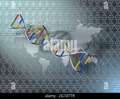 Weltkarte und Binärcode auf nahtlosem DNA-Strangmuster. DNA der digitalen Welt. 3D-Rendering. Stockfoto