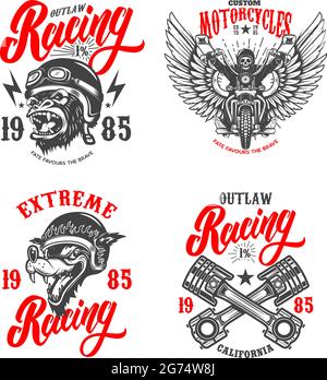 Set der Racer-Embleme. Gekreuzte Kolben, Gorilla-Biker, Motorrad, Biker-Skelett. Gestaltungselement für Logo, Etikett, Schild, Emblem, Plakat, t-Shirt. V Stock Vektor